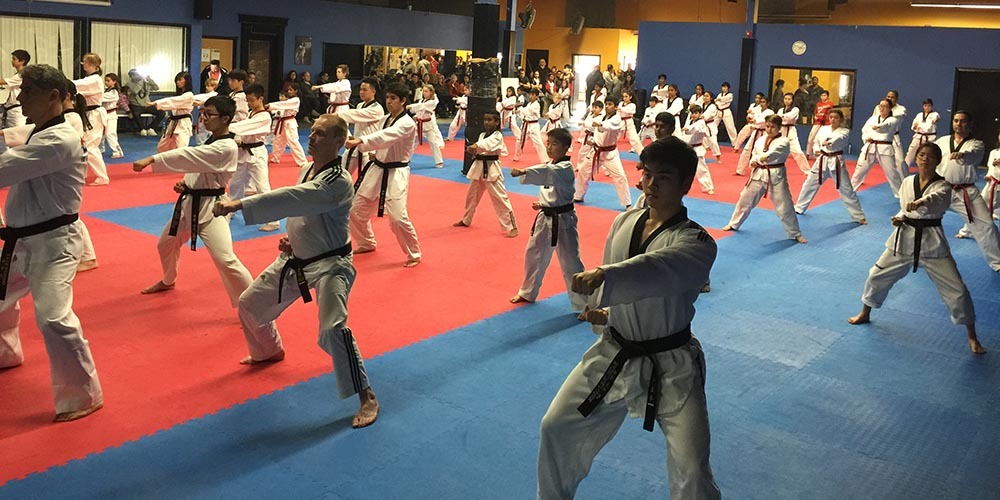 A disciplined group of students practicing powerful punches in a martial arts studio to improve physical fitness.